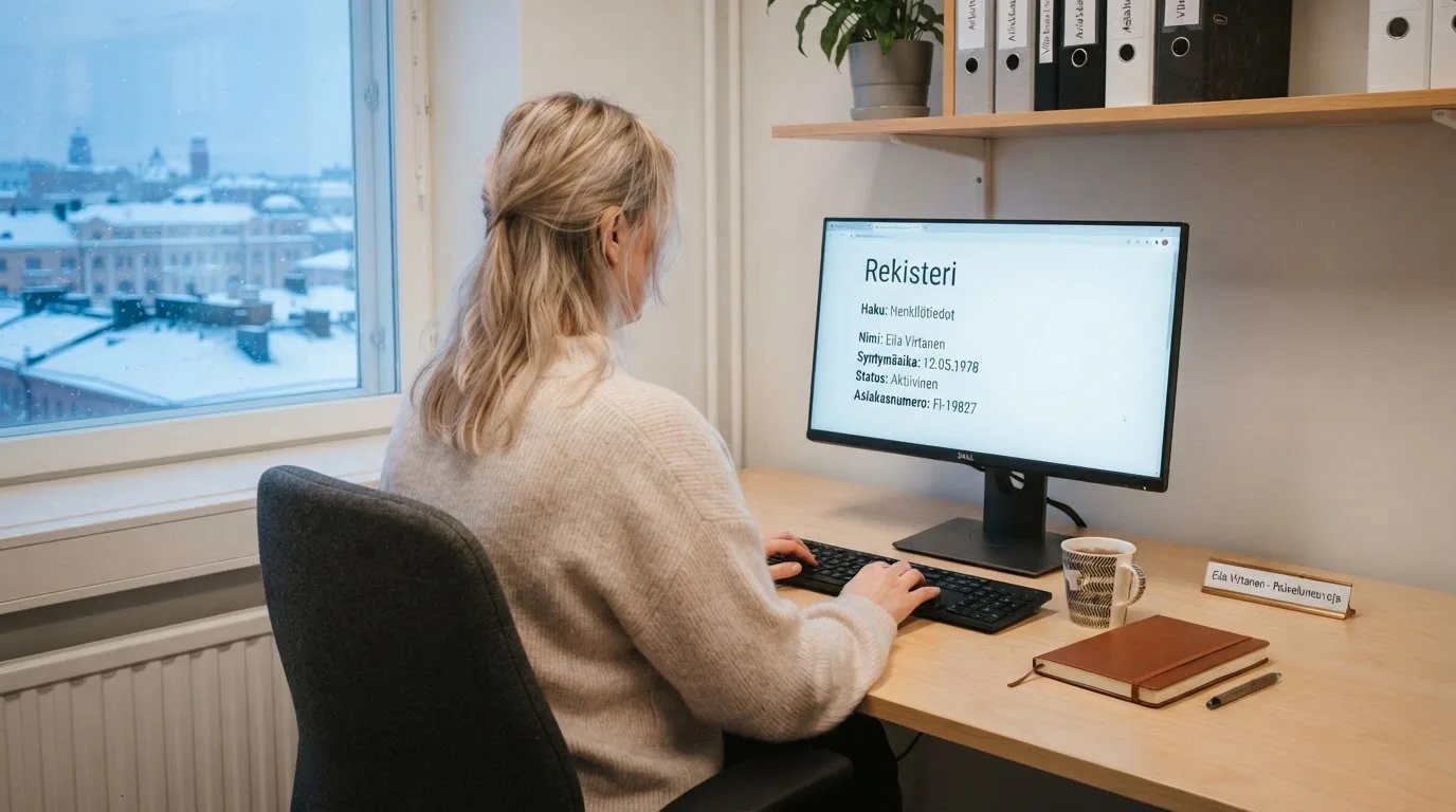 Virkailija istuu vaaleassa virastohuoneessa tietokoneen ääressä, ikkunasta näkyy talvinen kaupunkimaisema.