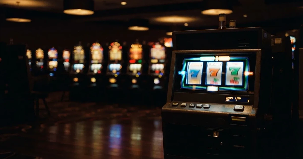 Pelikaappien rivi hämärässä hallissa, jokaisen rullat hohtavat eri väreillä ja lattia heijastaa — kolikkopelit casino pelit