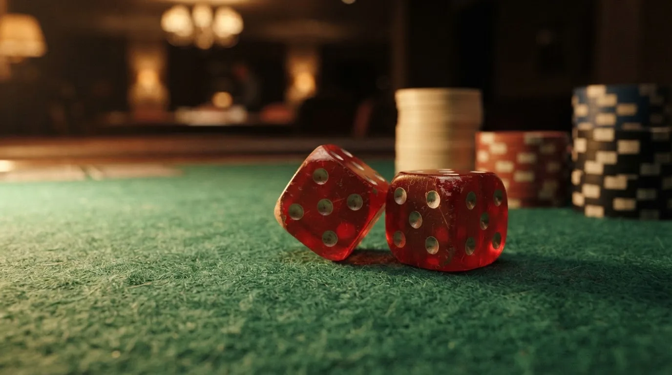 Punaiset nopat lepäävät vihreällä huovalla, taustalla sumeita pelimerkkitorneja iltahämärässä — kolikkopelit casino pelit
