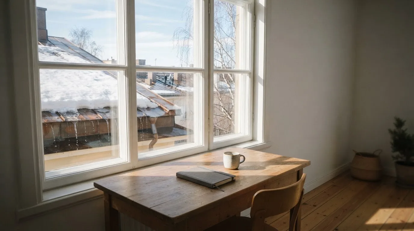 Toimistohuoneen ikkunasta näkyy maaliskuun aamu, lumi sulaa katolla auringonpaisteessa hiljaisella aamulla.