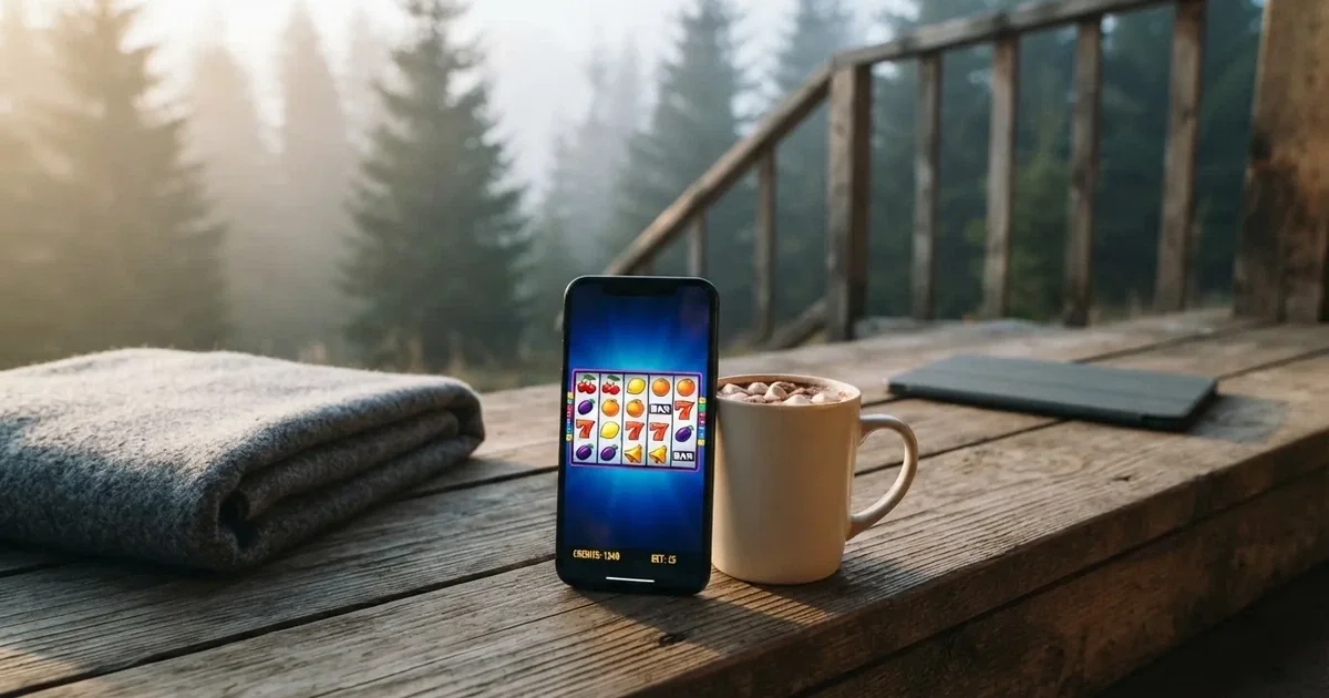 Kädet pitelevät lämmintä kaakaomukia metsämökin portailla, vieressä suljettu tabletti ja aamusumua — mobiilikasino puhelimessa
